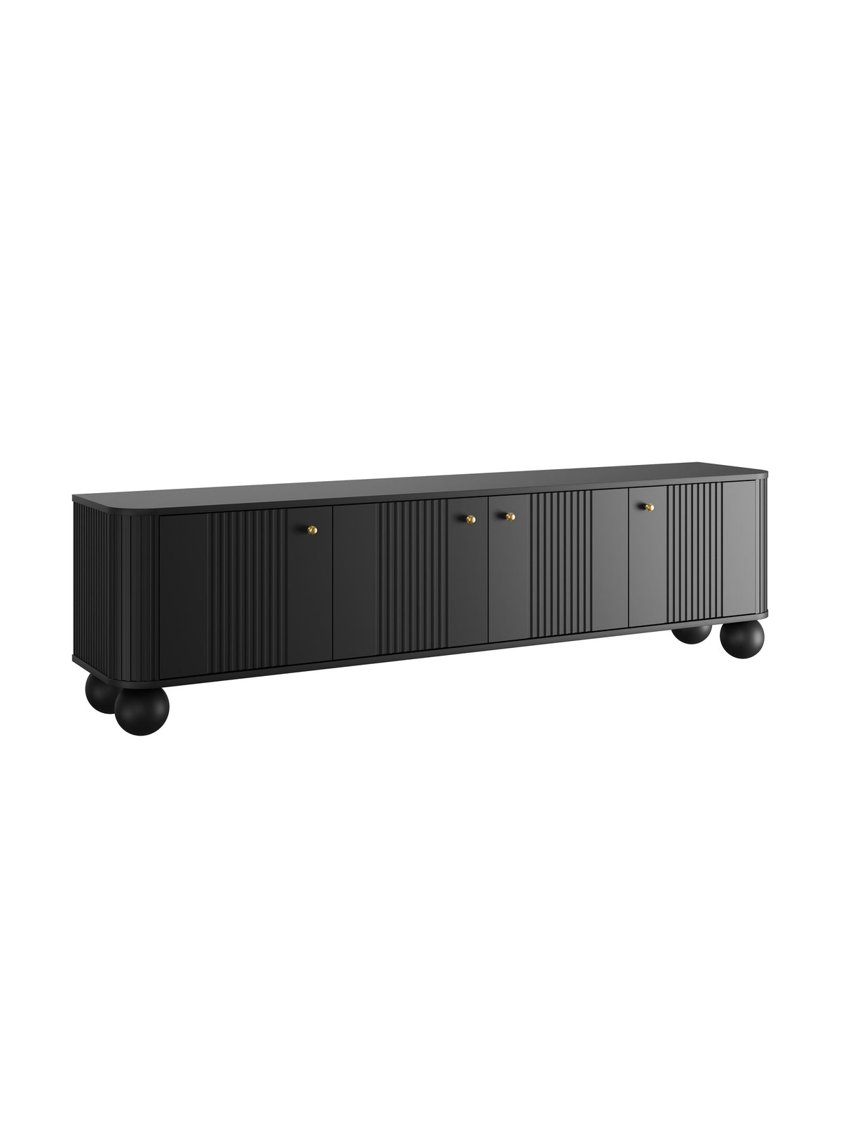 Comodă RTV Vesper 4D 187 cm neagră cu fronturi rigate și mânere aurii