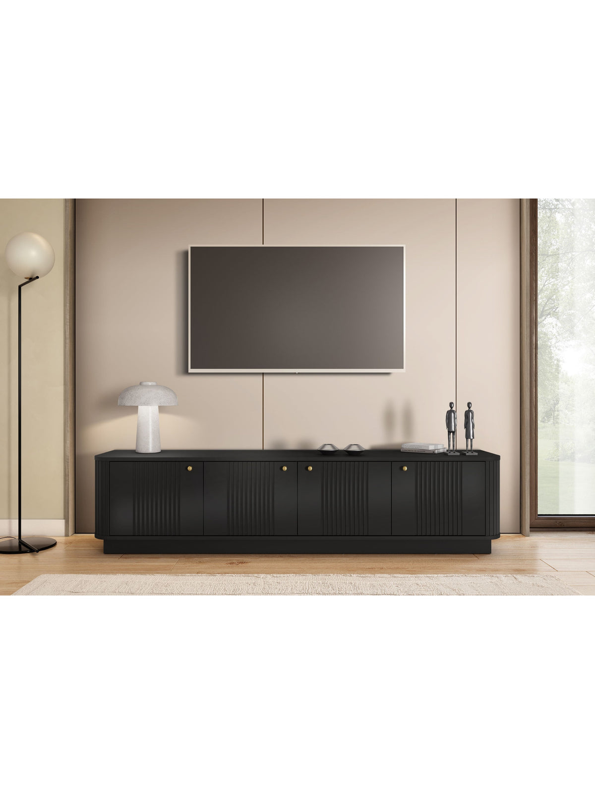 Comodă RTV Vesper 4D 187 cm neagră cu fronturi canelate și mânere aurii pe soclu