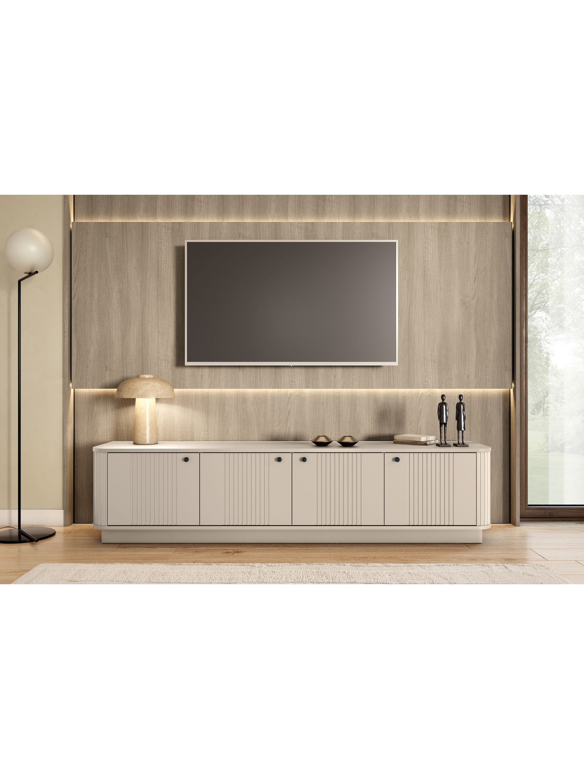Comodă TV Vesper 4D 187 cm casmir cu mânere negre, front canelat, pe picior