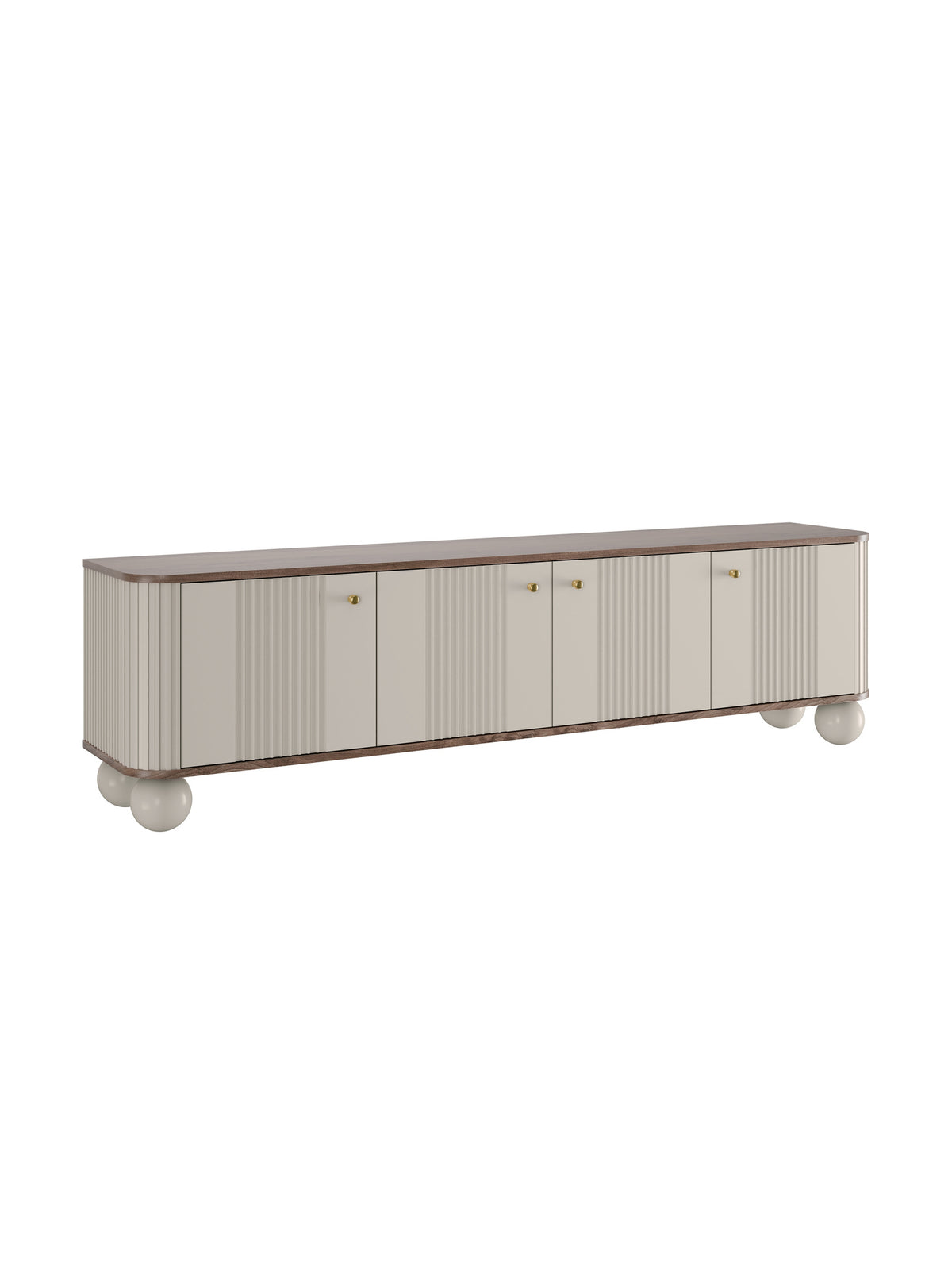 Comodă RTV Vesper 4D 187 cm casmir cu blat nuc și mânere aurii, picioare sferice