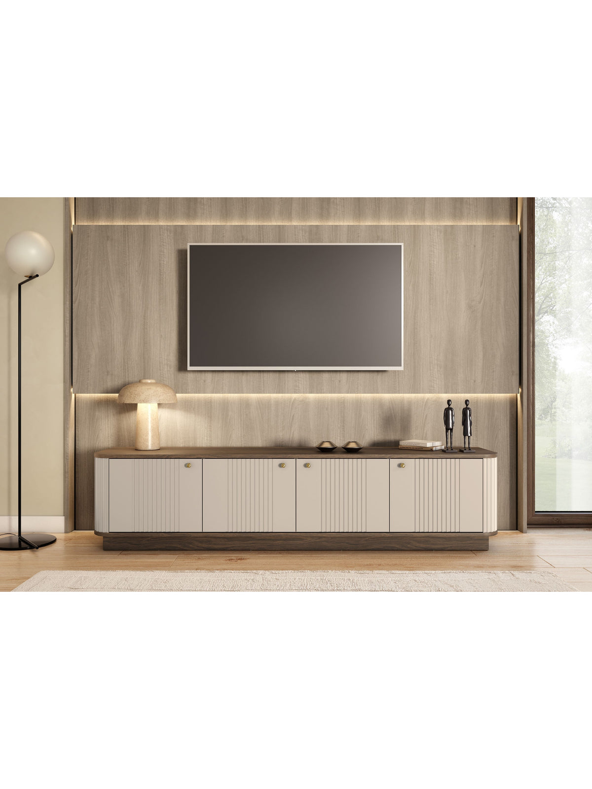 Comodă RTV Vesper 4D 187 cm casmir cu fețe rigate și mânere aurii
