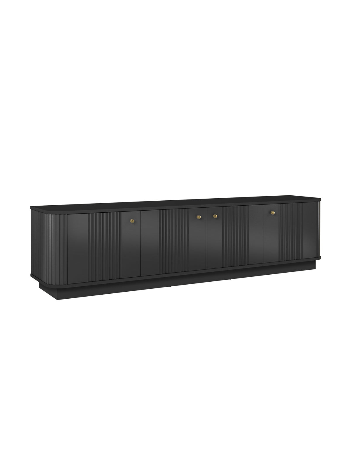 Comodă RTV Vesper 4D 187 cm neagră, fronturi canelate și mânere aurii, vedere frontală