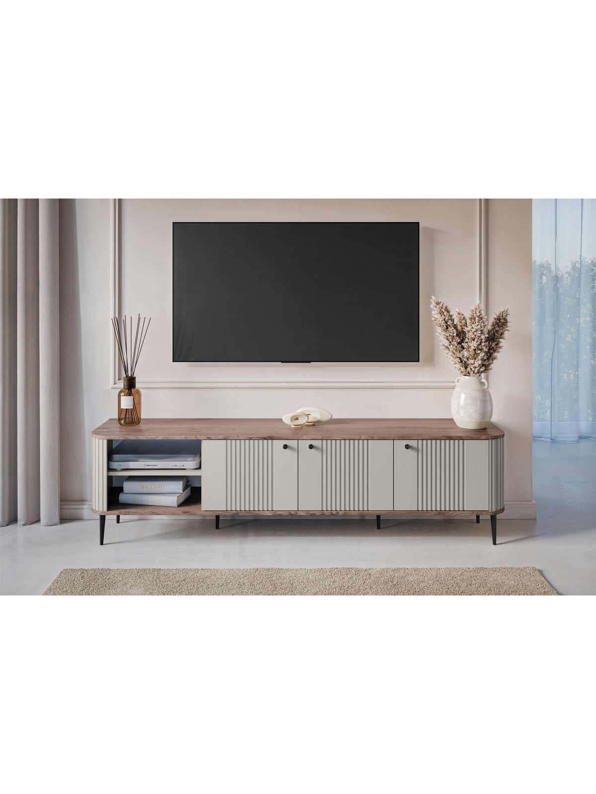 Comodă TV Vesper 3D 187 cm kasmir cu blat nuc și picioare negre, vedere frontală
