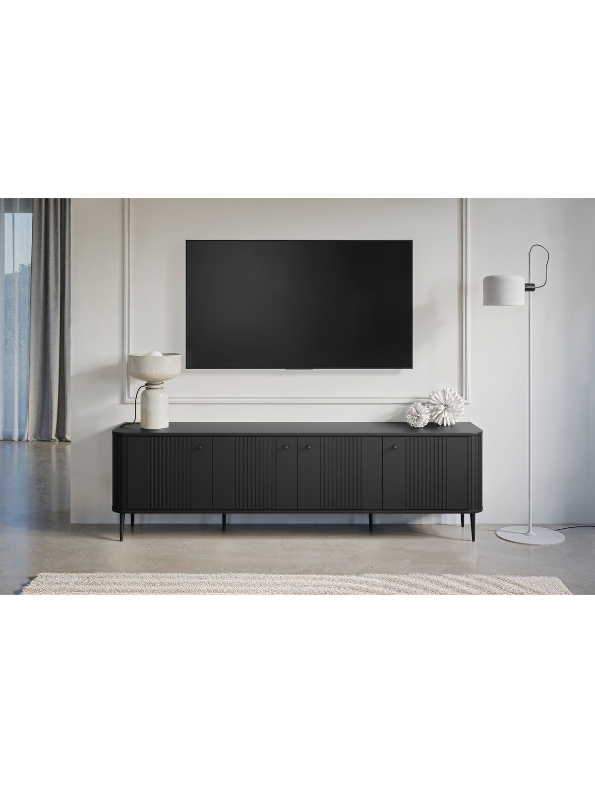 Comodă TV Vesper 4D negru mat 187 cm cu patru uși și picioare metalice negre