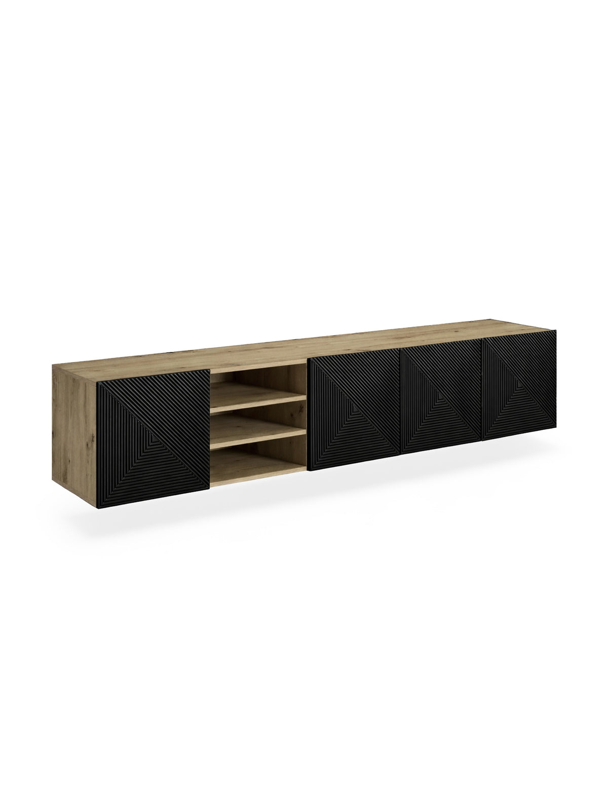 Comodă TV suspendată Asha 200 cm cu front negru mat frezat și corp artisan stejar