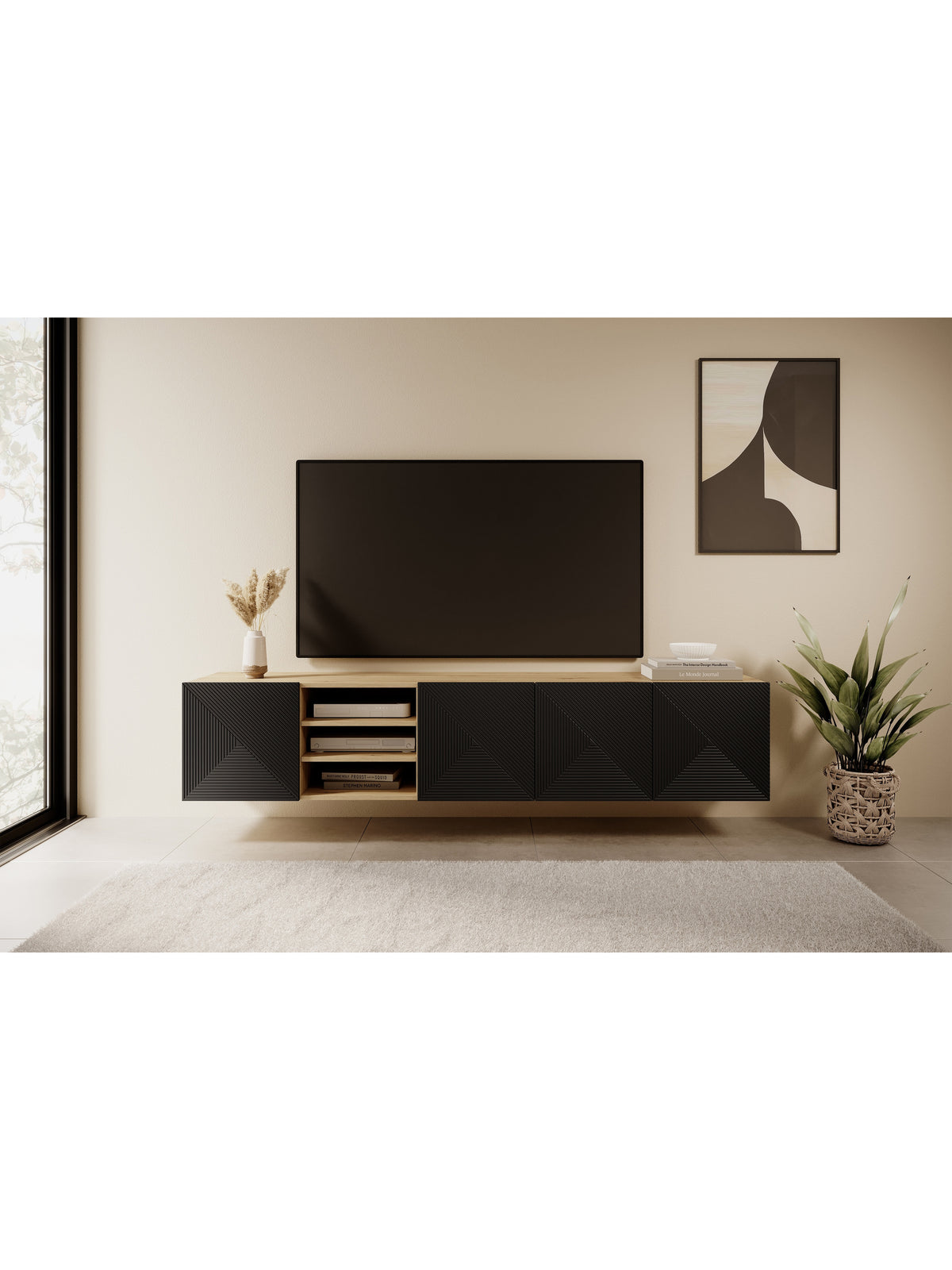 Comodă TV suspendată Asha 200 cm negru mat front striat și nișe