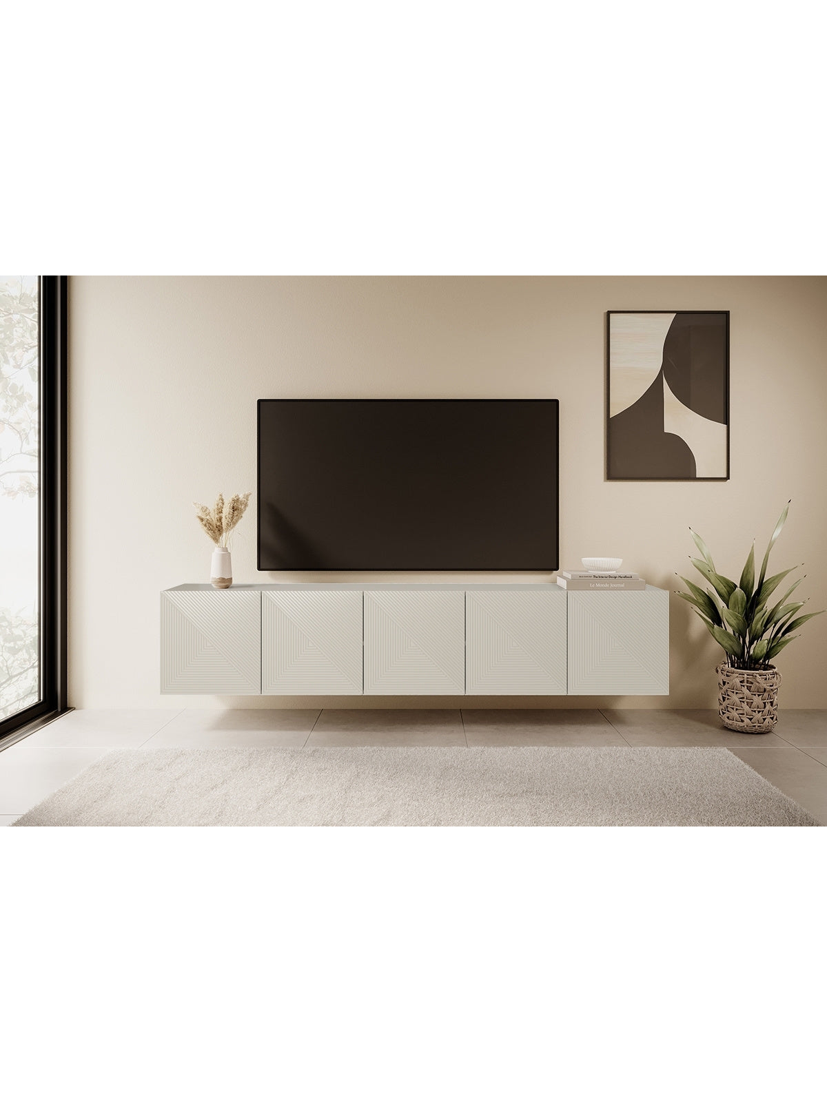 Comodă TV suspendată Asha 200 cm casmir cu front nervurat vedere frontală