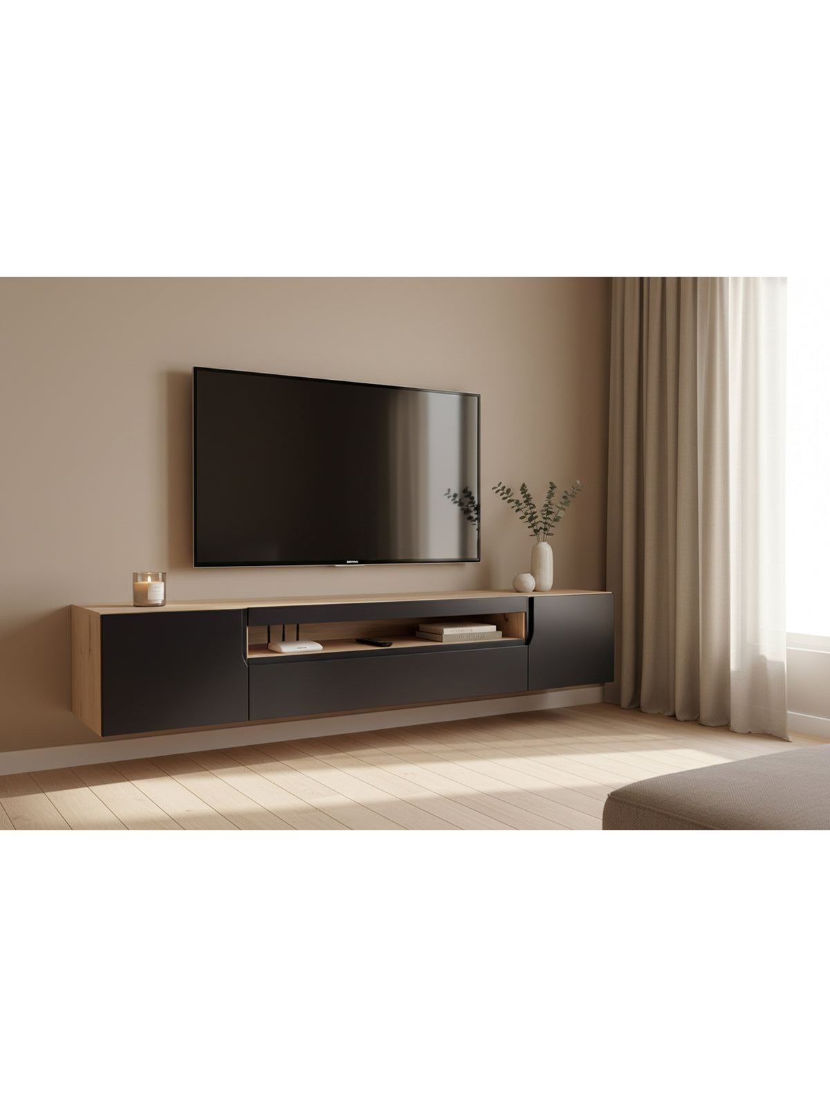 Comodă TV Loftia suspendată 200 cm două uși cu nișă negru mat și corp artisan stejar