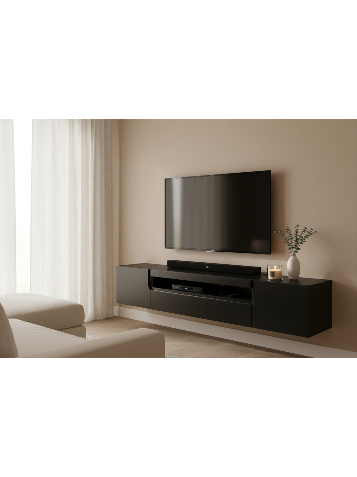 Comodă TV Loftia 200 cm negru mat suspendată cu două uși și nișă, stil modern