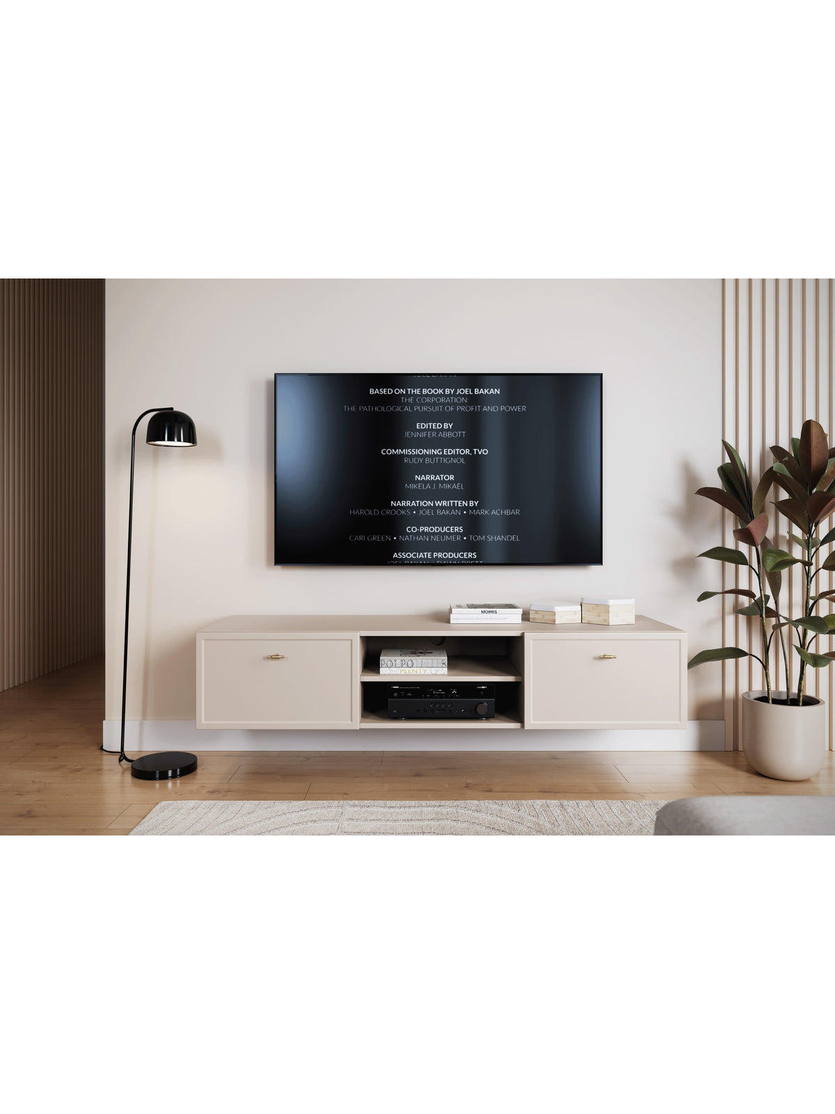 Comodă TV suspendată Lorini 150 cm casmir cu 2 sertare și mânere aurii T-bar