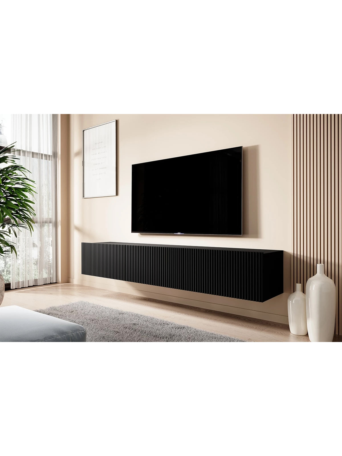 Corp TV suspendat Nicole 200 cm negru mat cu front striat și sertar