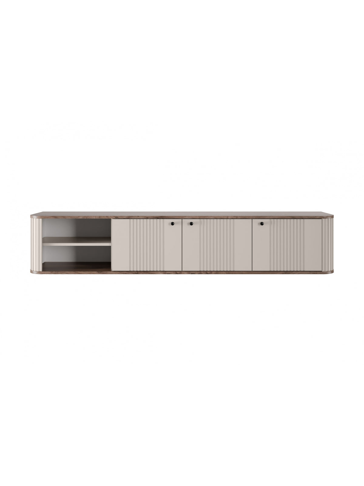 Dulap TV suspendat Vesper 187 cm casmir cu blat nuc și mânere negre, fronturi rigate