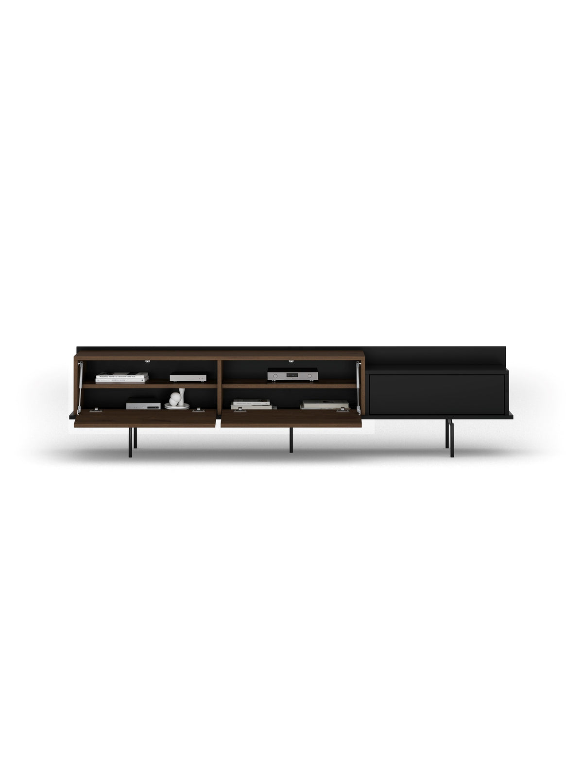 Comodă TV Zenar 200 cm orzech elegant cu picioare metalice negre și sertar, vedere frontală