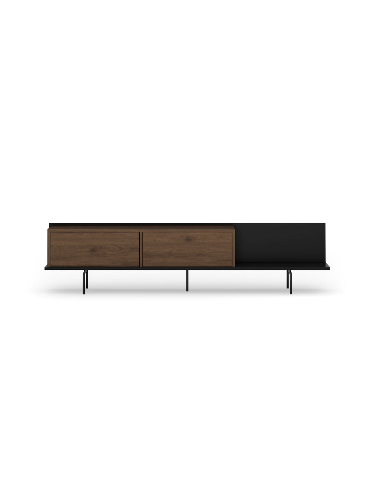 Comodă TV Zenar 200 cm nuc elegant cu picioare metalice negre, fronturi netede, 2 uși