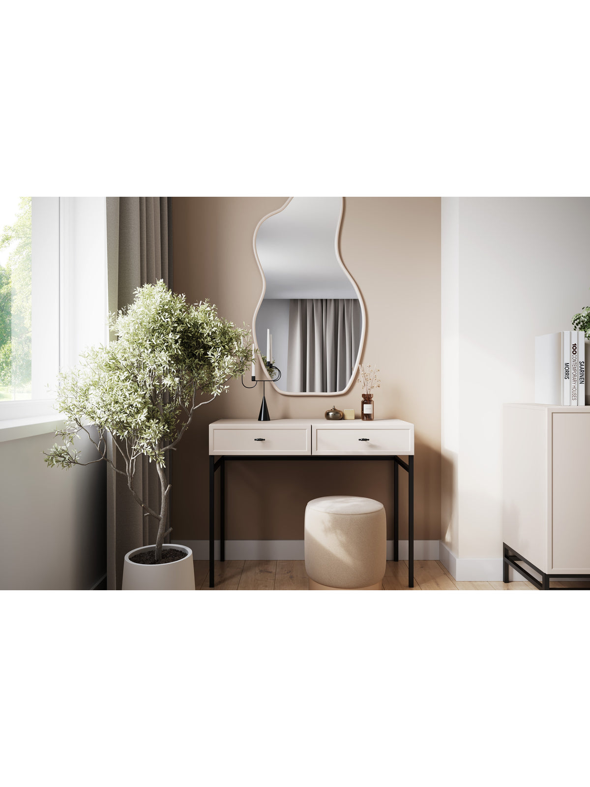 Toaletă Lorini 100 cm culoare cașmir cu cadru metalic negru și două sertare