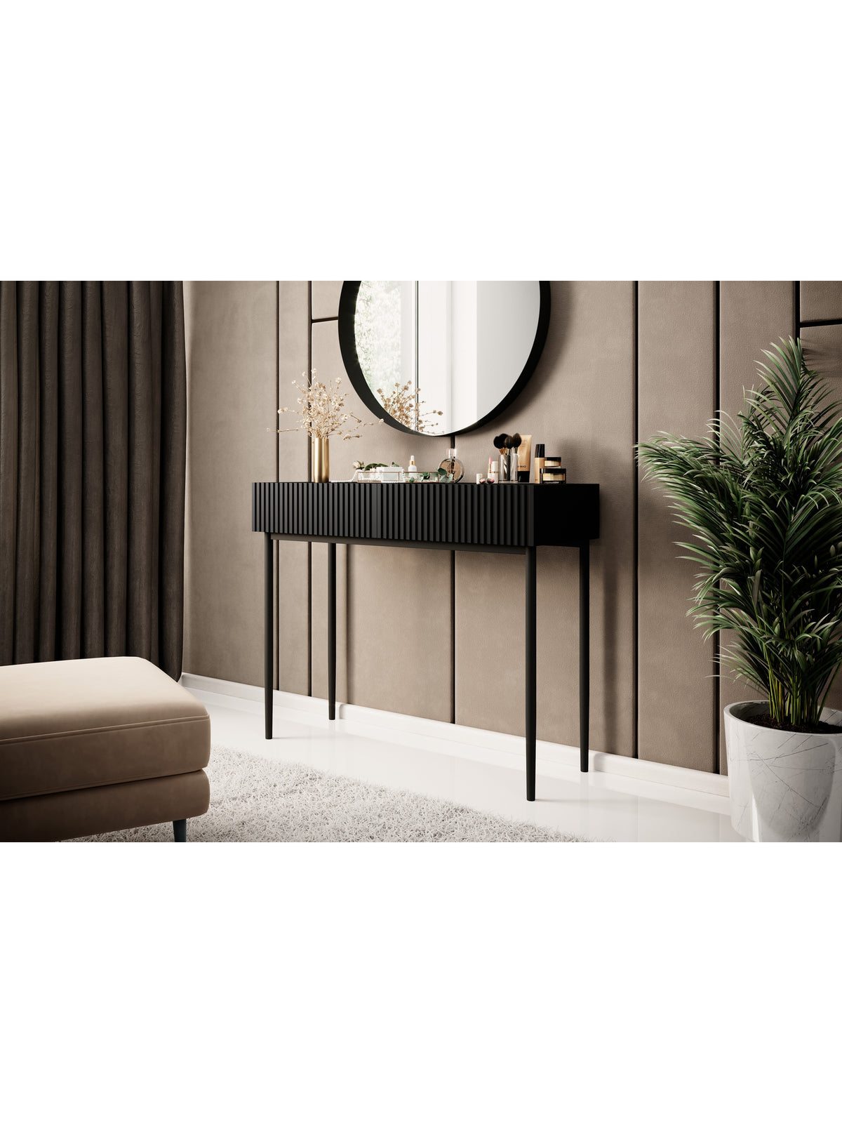 Masă de toaletă Nicole 100 cm negru mat cu fronturi striate și picioare negre
