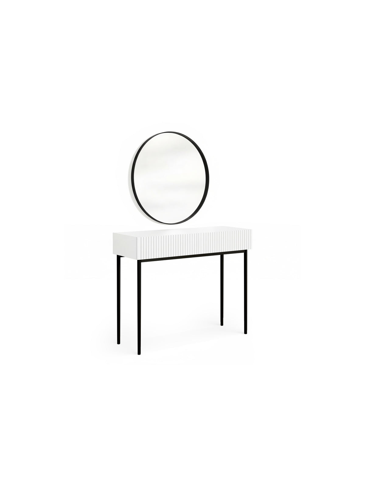 Toaletă Nicole 100 cm alb mat cu oglindă rotundă neagră și picioare negre