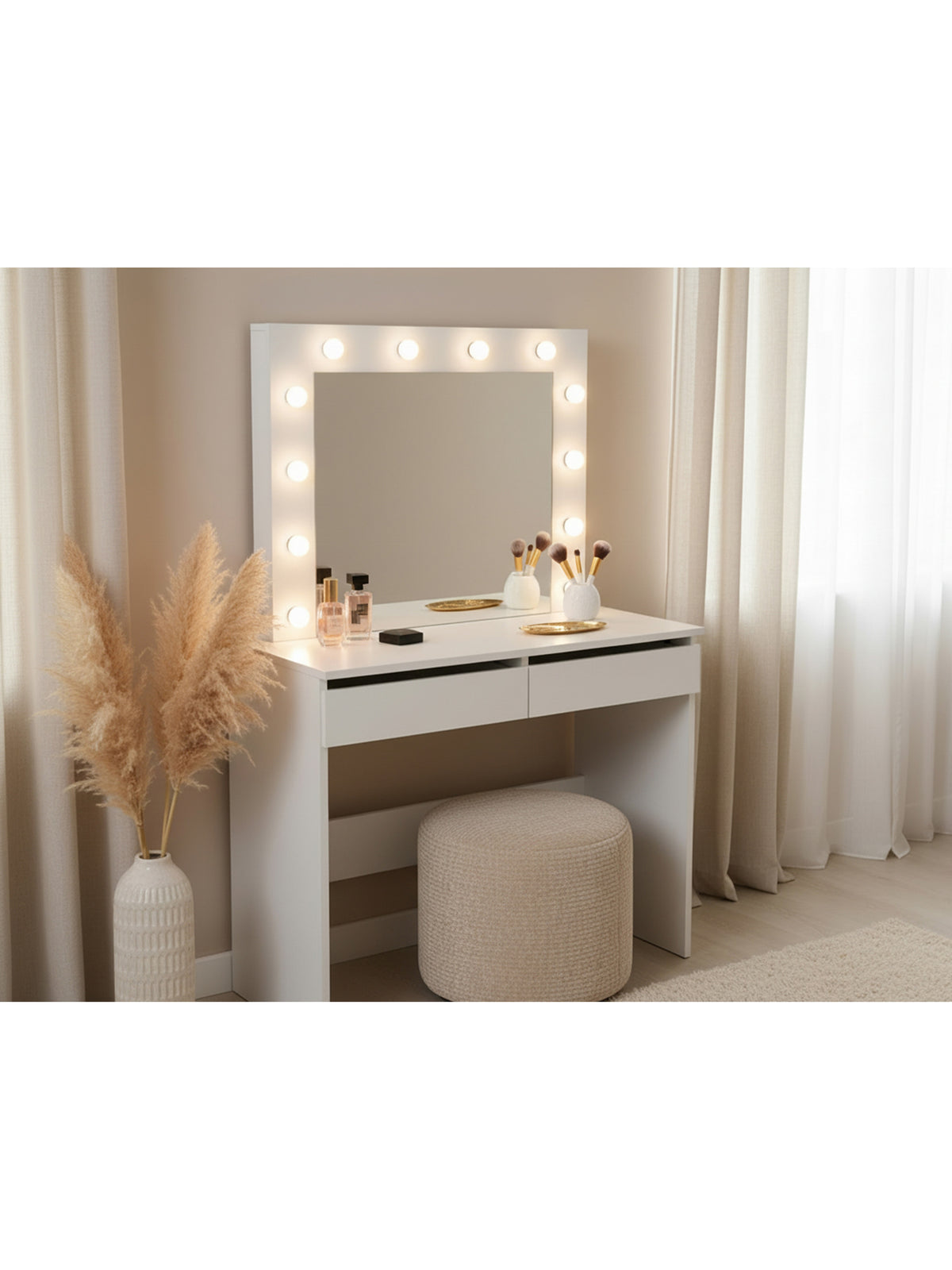 Toaletă Velinio 95 cm albă cu două sertare și iluminare LED, vedere frontală