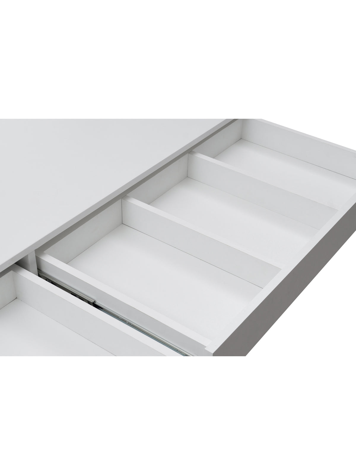 Toaletă Velinio XL 120 cm cu 5 sertare albe și iluminare LED, vedere la interiorul sertarului
