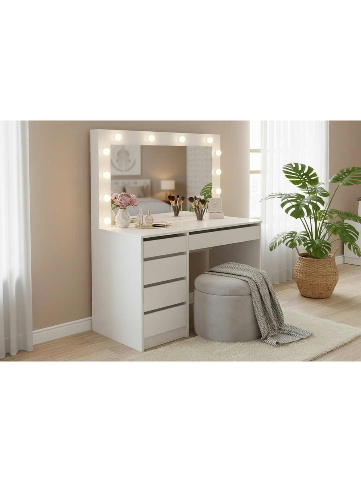 Masa de toaletă Velinio XL albă 120 cm cu 5 sertare și iluminare LED
