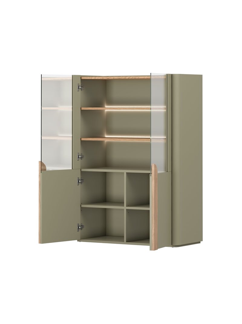 Vitrină Amilio 100 cm cu două uși culoarea eucalipt cu blat dąb baltic dune și mânere dąb natural