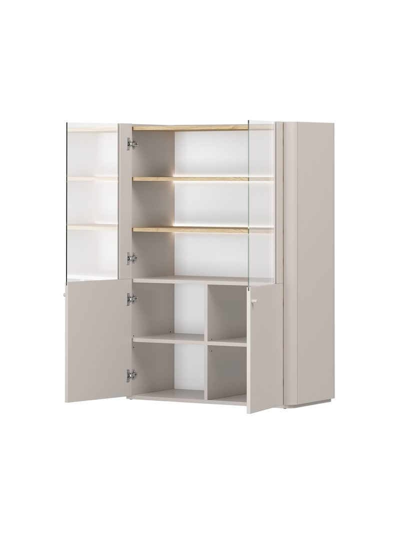 Vitrină Elivo 100 cm cu două uși, culoare casmir și blat din stejar oleiat, iluminare LED