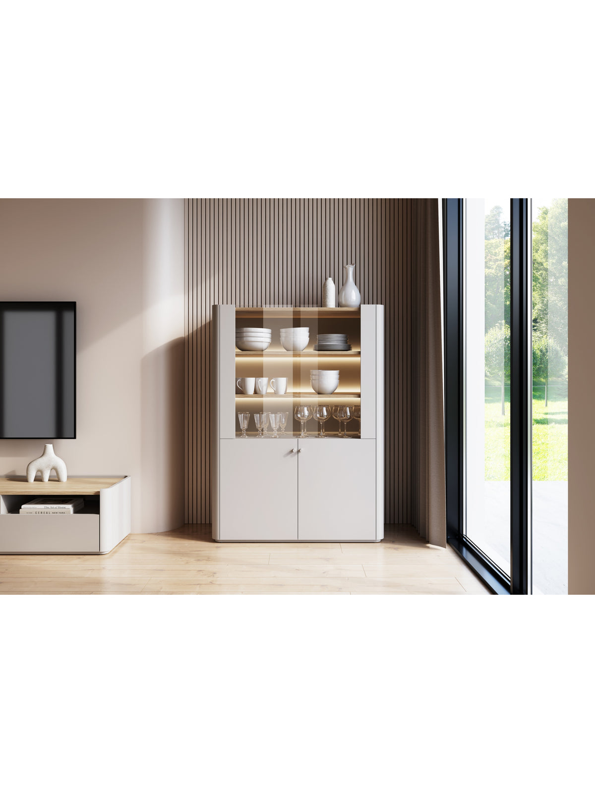 Vitrină Elivo 100 cm cu două uși, culoare cachemir cu blat stejar uleiat, modernă, iluminare LED