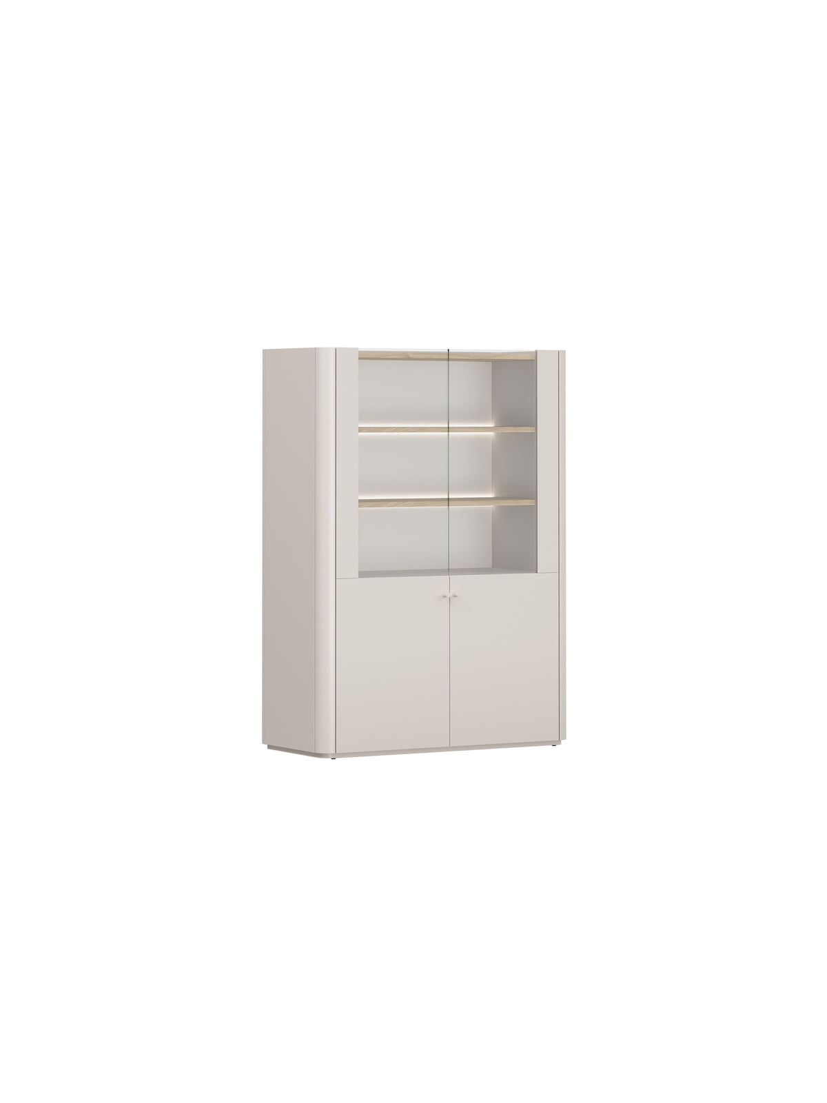 Vitrină Elivo 100 cm cu două uși, culoare cashmere, blat din stejar uleiat, iluminare LED