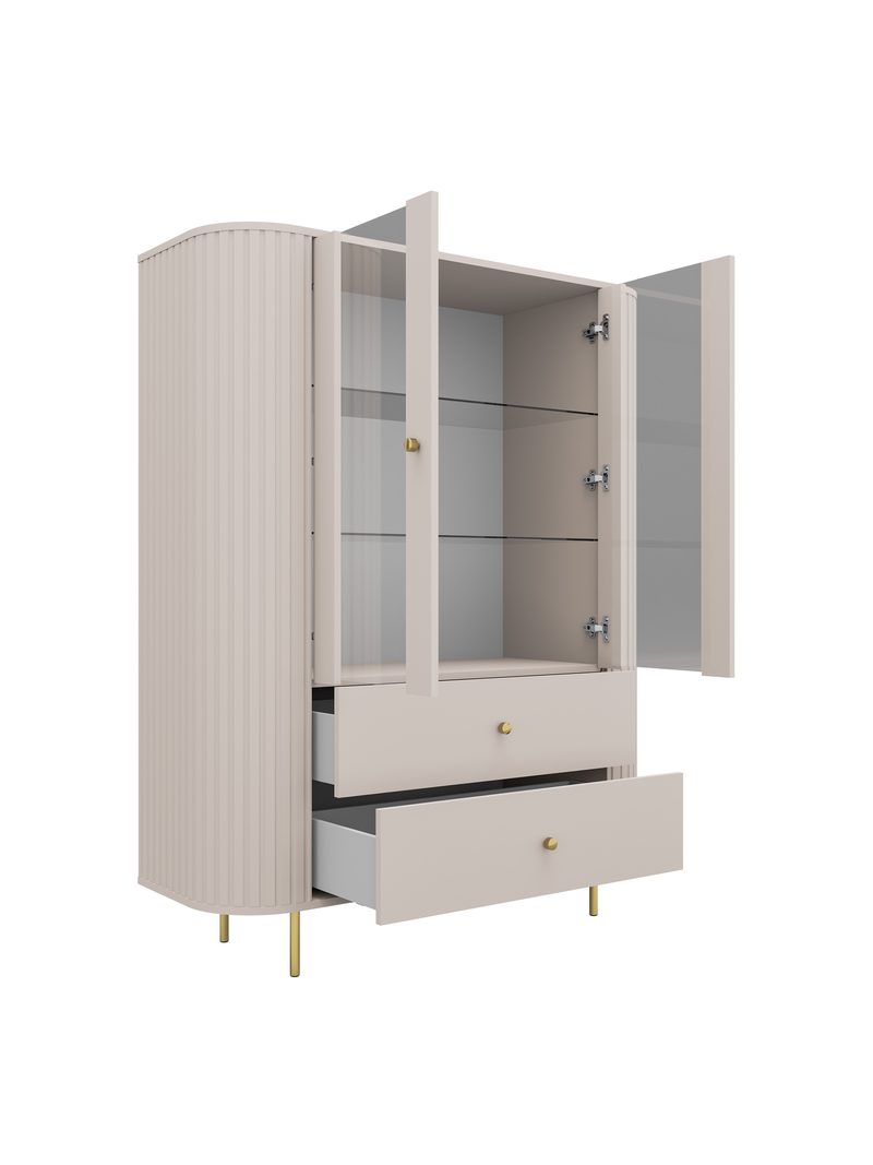 Vitrină Lento 123 cm bej nisipiu cu două sertare deschise și rafturi din sticlă