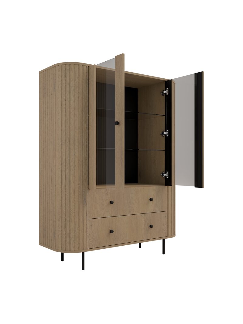 Vitrină Lento 123 cm în culoare stejar cremona, cu uși de sticlă deschise și sertare