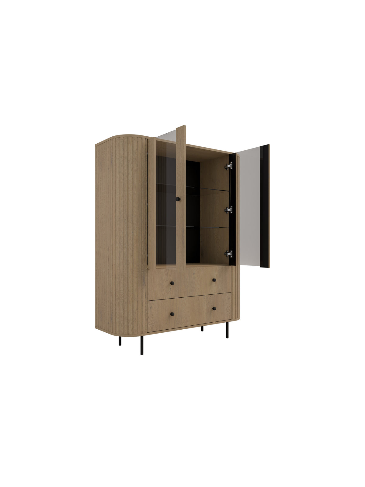Vitrină Lento 123 cm în culoare stejar cremona, cu uși de sticlă deschise și sertare