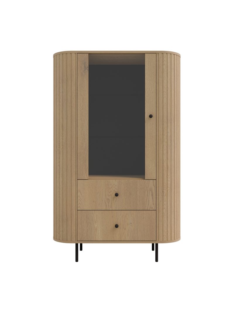Vitrină Lento 98 cm stejar cremona cu picioare negre și două sertare front din sticlă