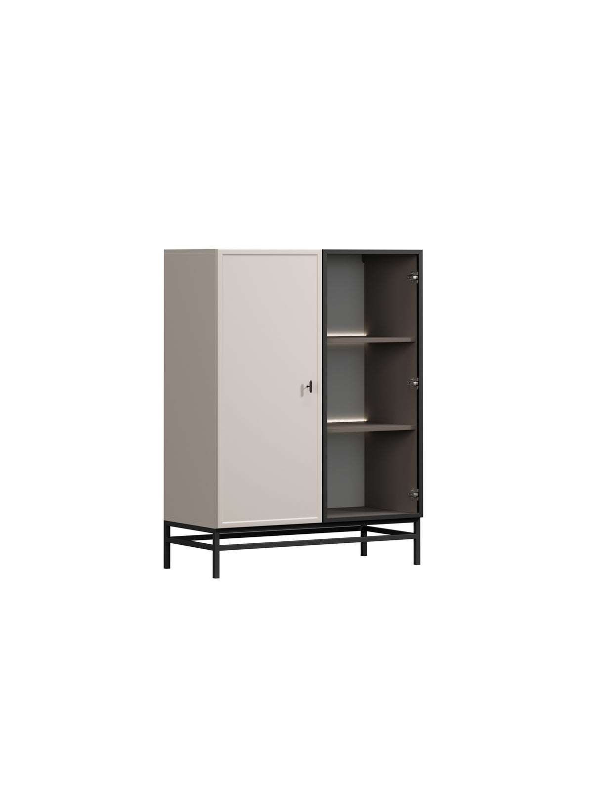 Vitrină Lorini 100 cm cu două uși casmir, mânere negre T-bar și cadru metalic