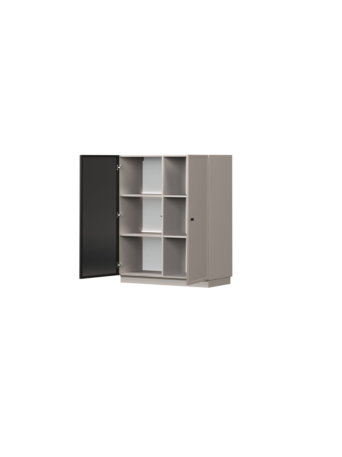 Vitrină Lorini 100 cm casmir cu două uși negre deschise și mânere negre