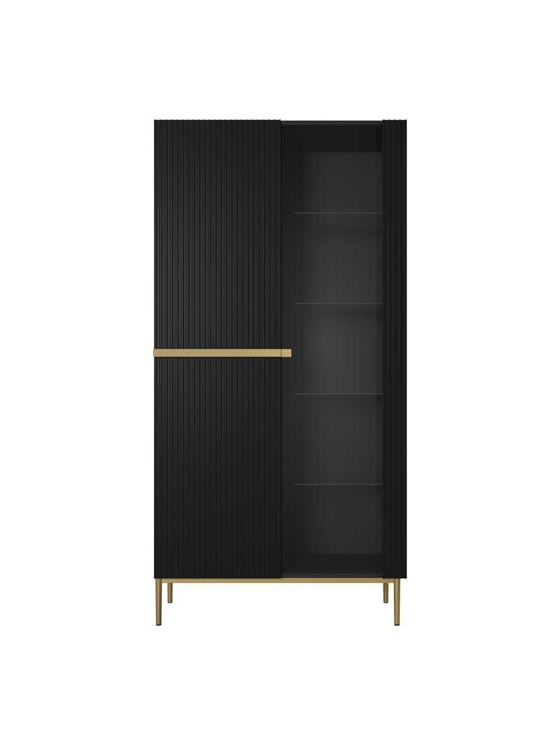 Vitrină Nicole 100 cm negru mat cu front cu caneluri și picioare aurii, vedere frontală