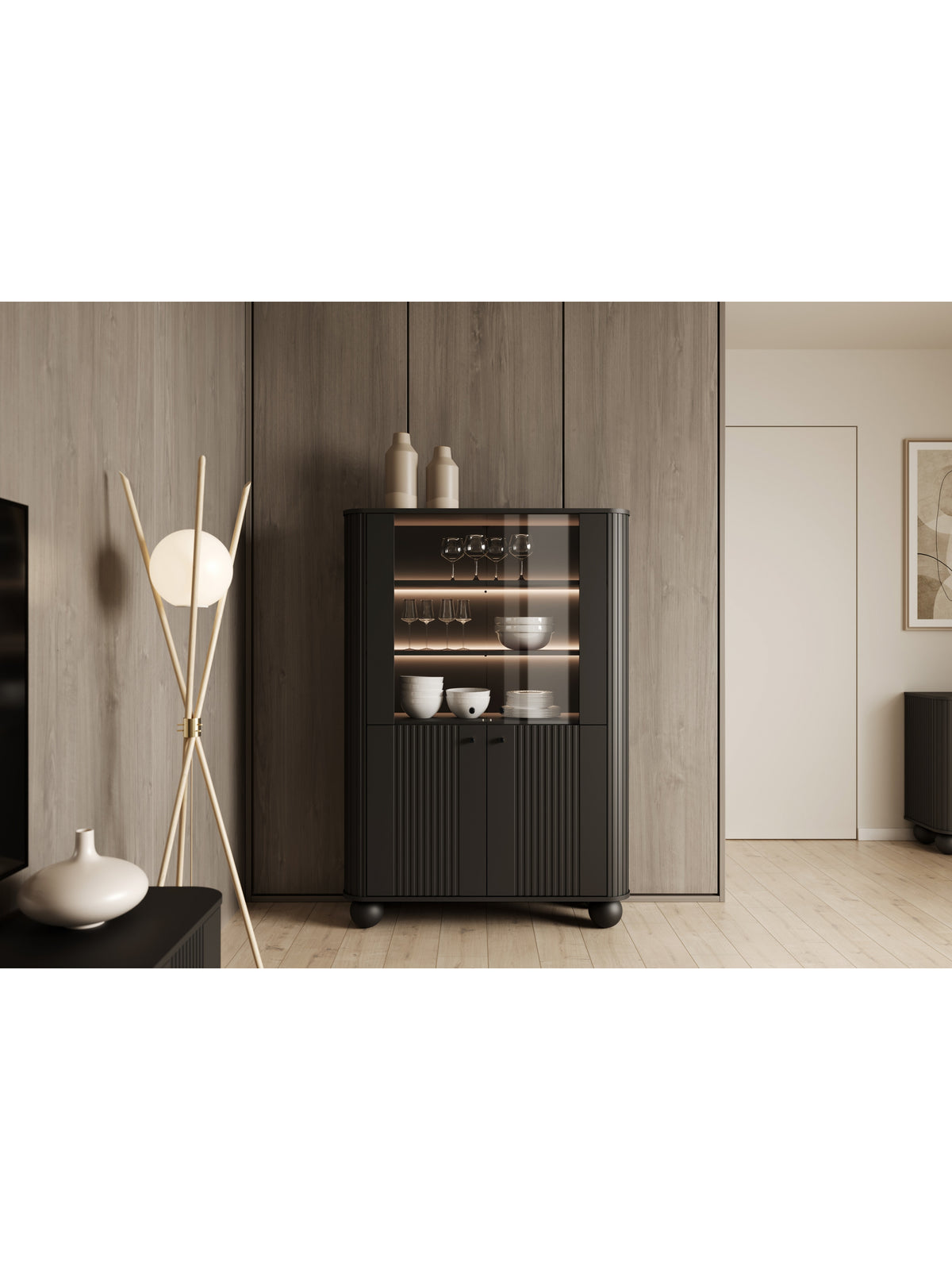 Witryna Vesper 103 cm cu patru uși - negru / negru Mânere / Picioare kule