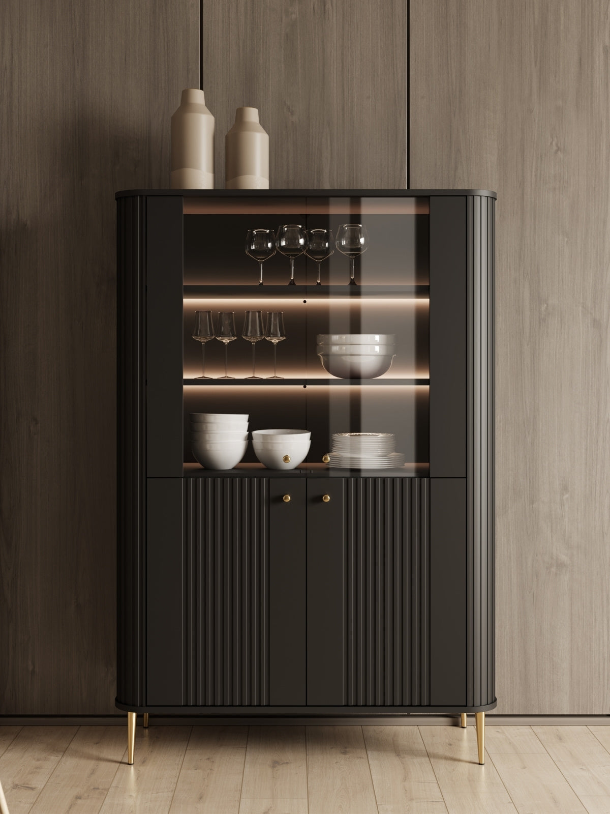 Witryna Vesper 103 cm cu patru uși - negru / picioare aurii