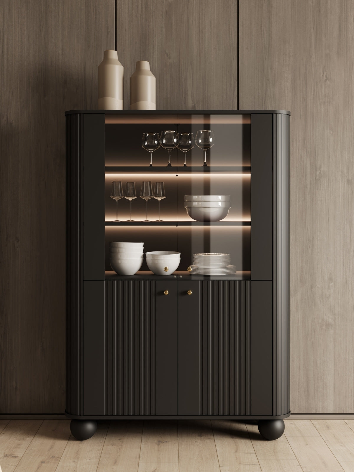 Witryna Vesper 103 cm cu patru uși - negru / zlote Mânere / Picioare kule