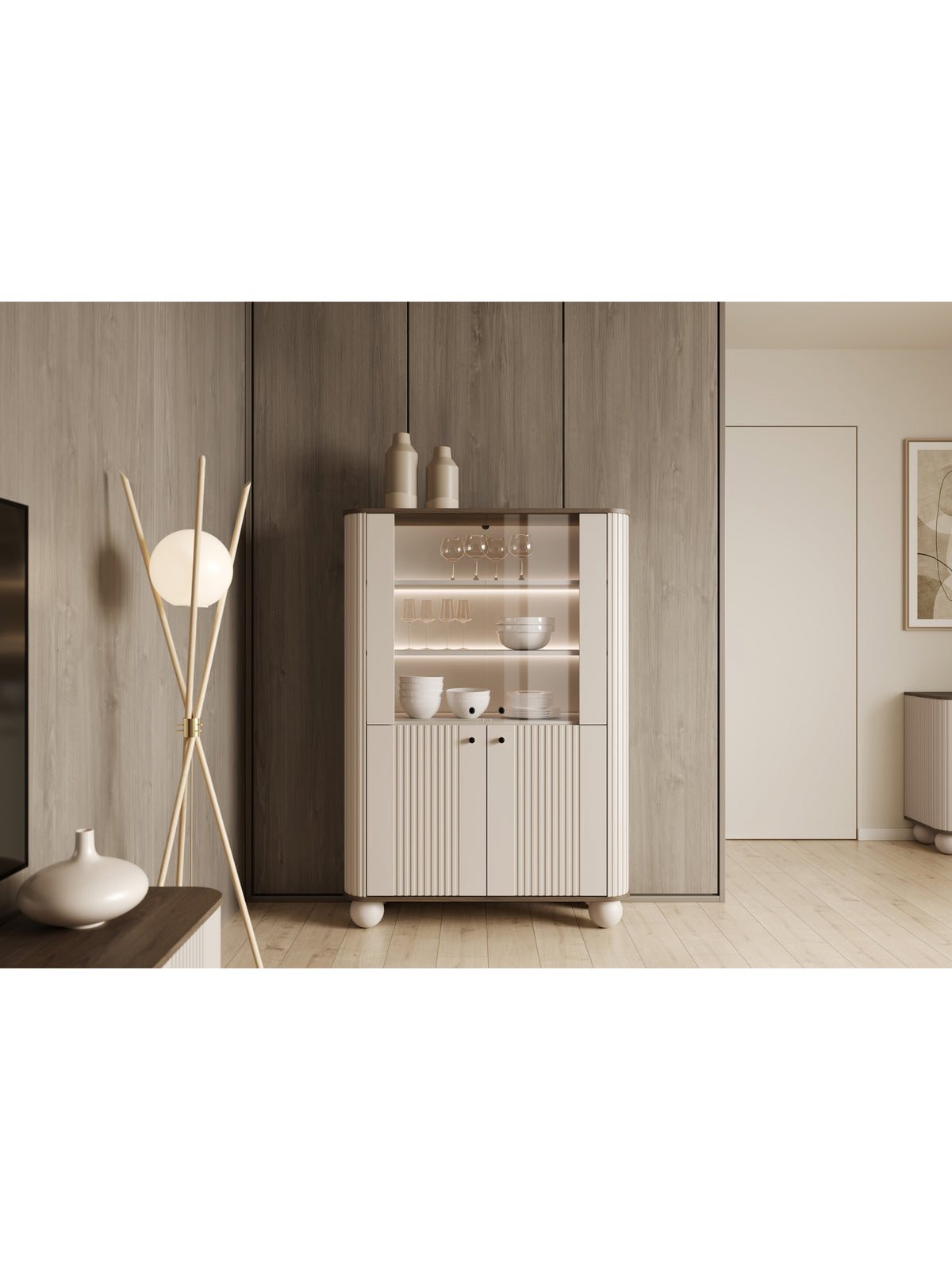 Witryna Vesper 103 cm cu patru uși - cașmir / nuc / negru Mânere / Picioare kule