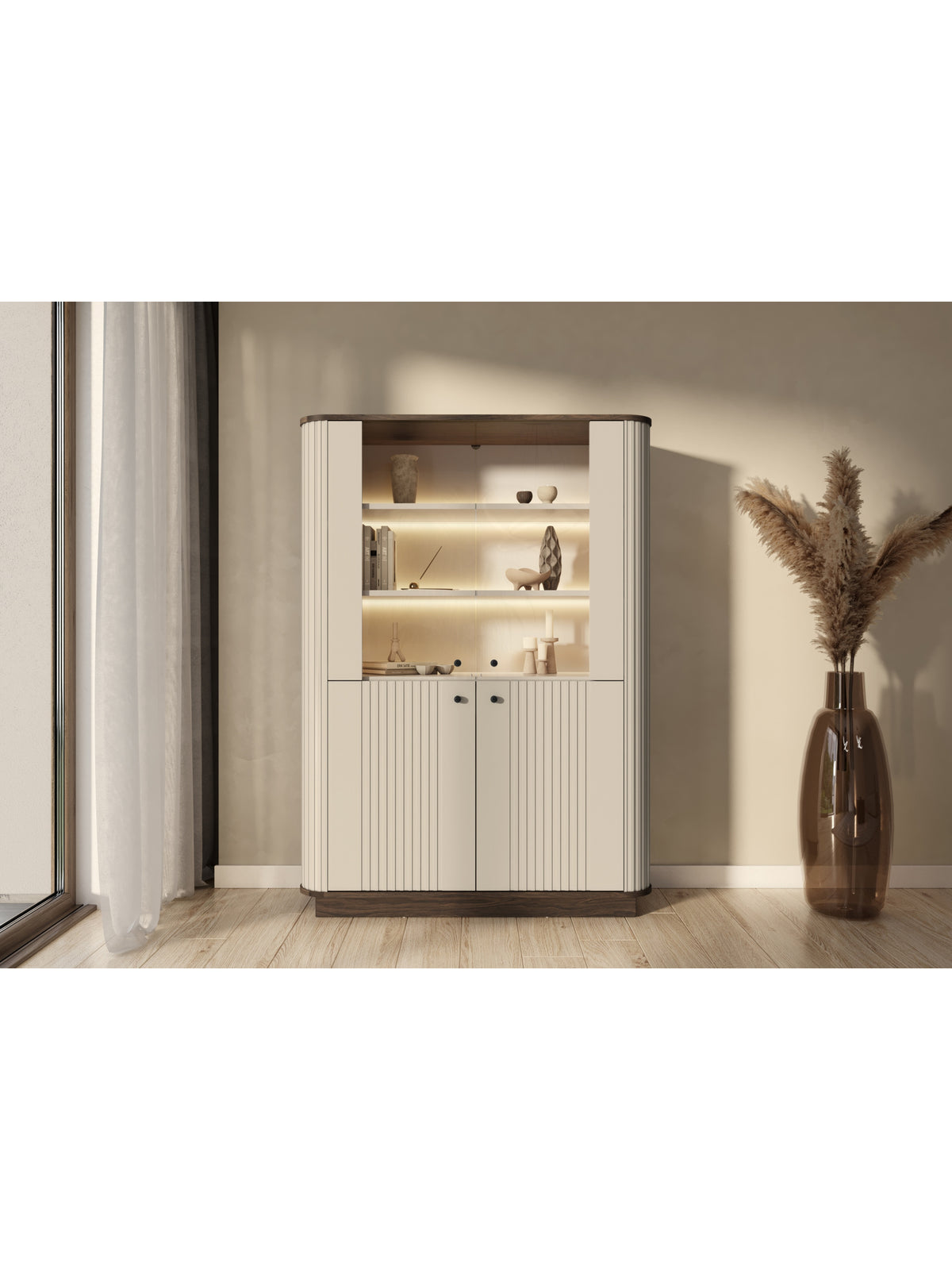 Witryna Vesper 103 cm cu patru uși na cokole - cașmir / nuc / negru Mânere