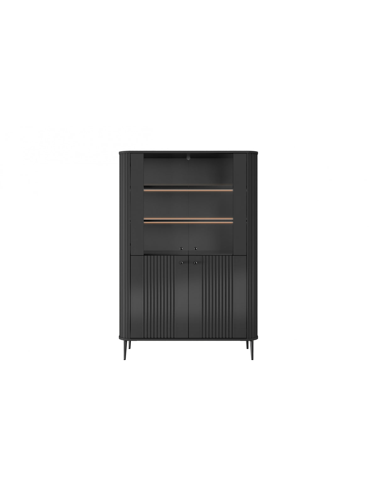 Vitrină neagră Vesper 103 cm cu patru uși și fronturi striate, picioare negre