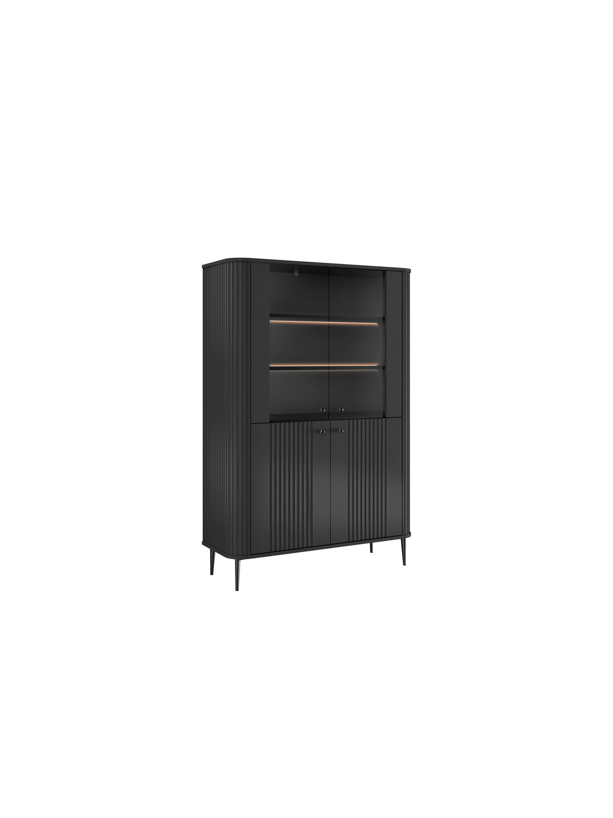 Vitrină Vesper 103 cm neagră cu patru uși și picioare metalice negre, față striată