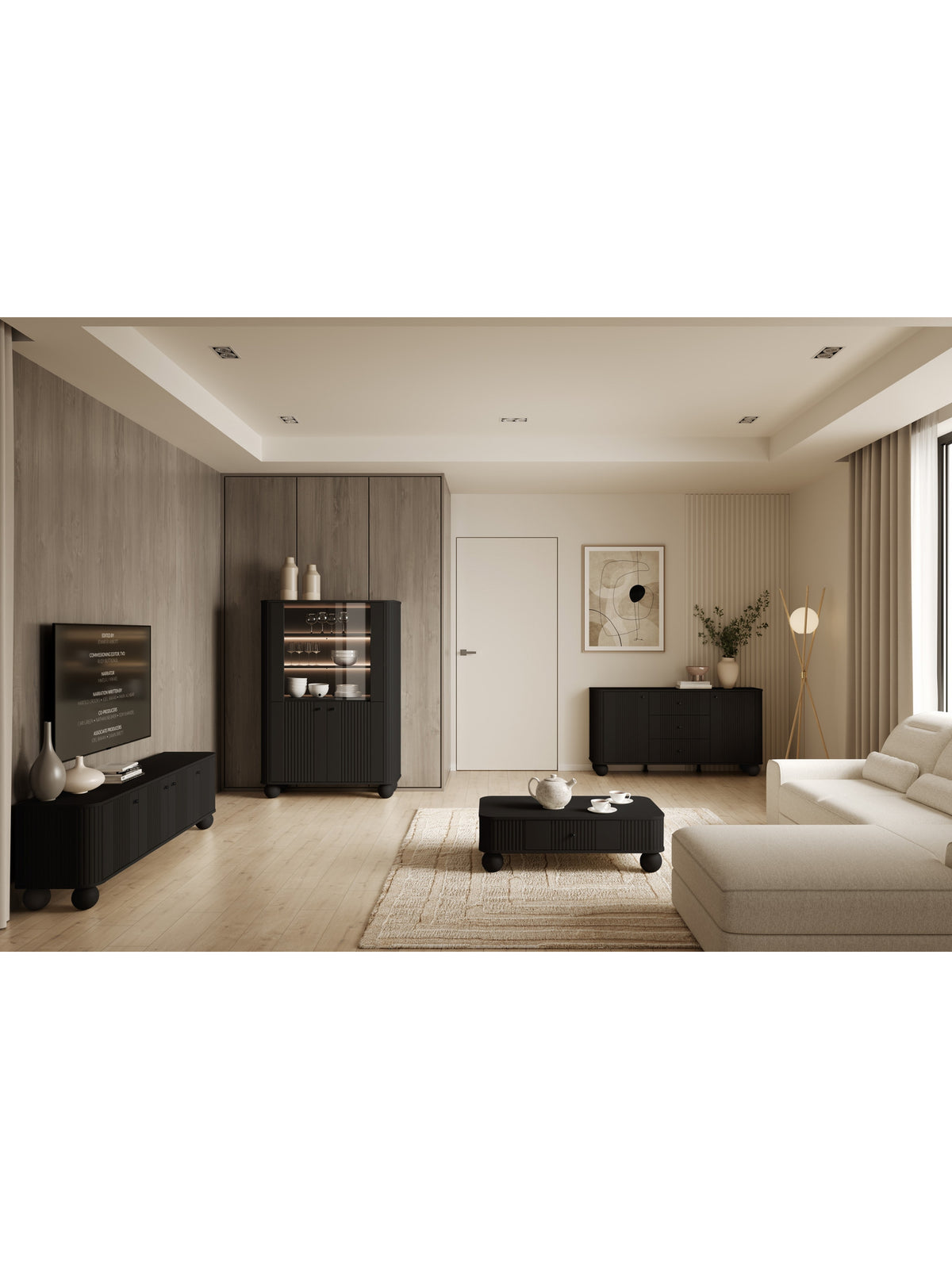 Vitrină neagră Vesper 103 cm cu patru uși, mânere negre și picioare rotunde