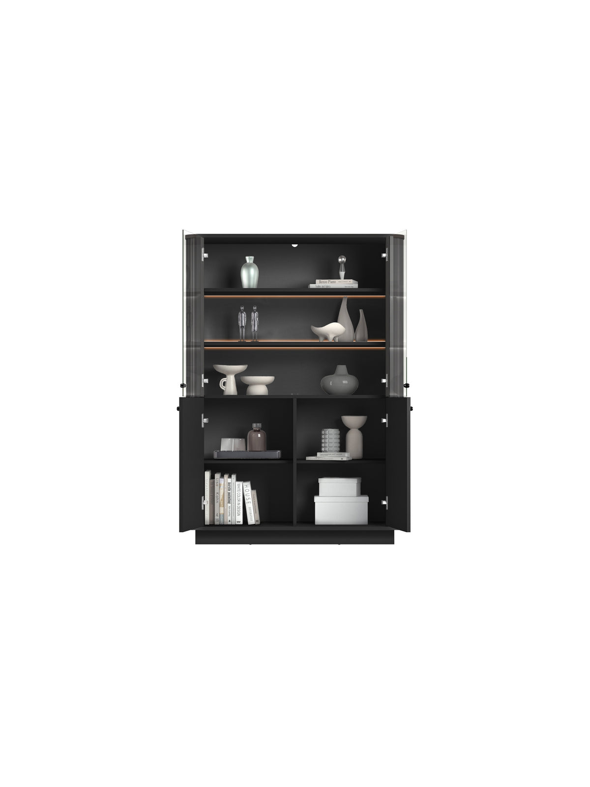 Vitrină neagră Vesper 103 cm cu patru uși, fronturi rigate și mânere metalice