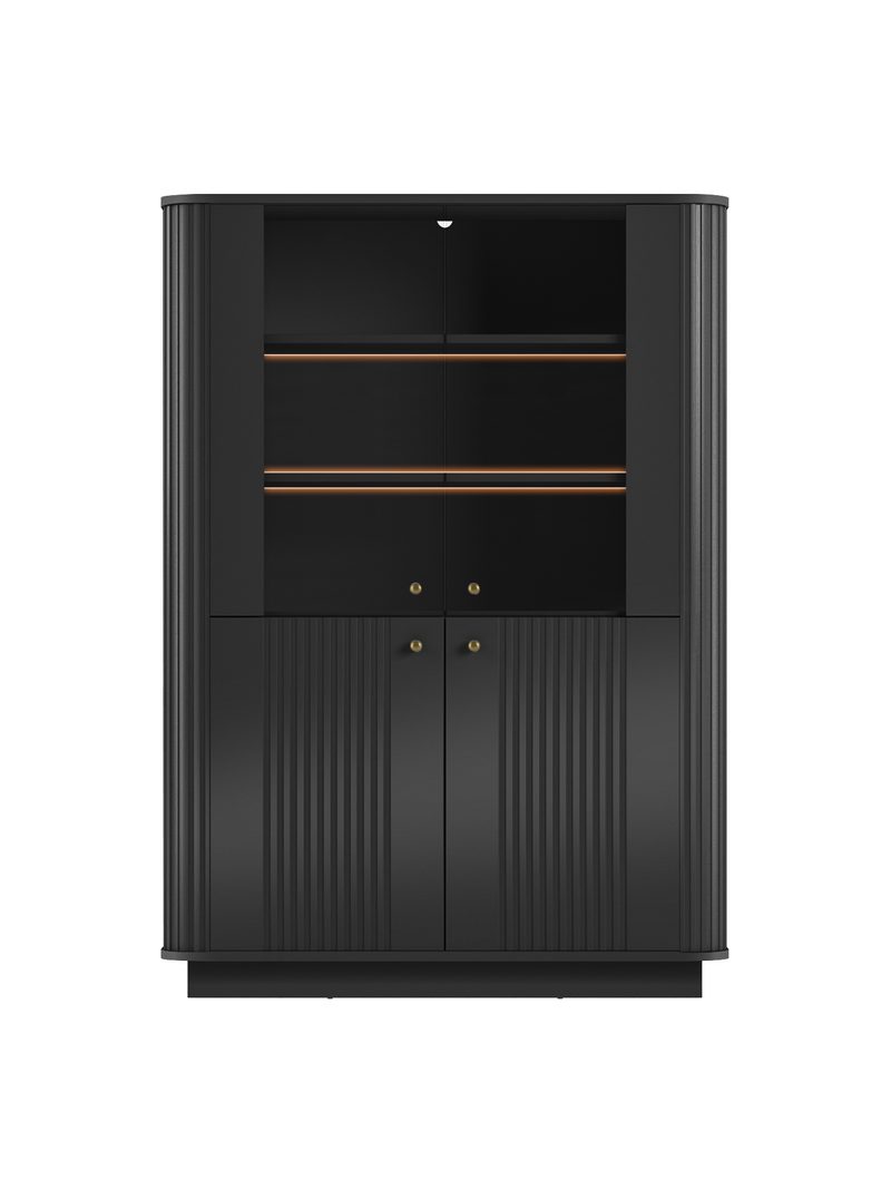 Vitrină Vesper 103 cm cu patru uși pe soclu neagră cu mânere aurii și fronturi striate