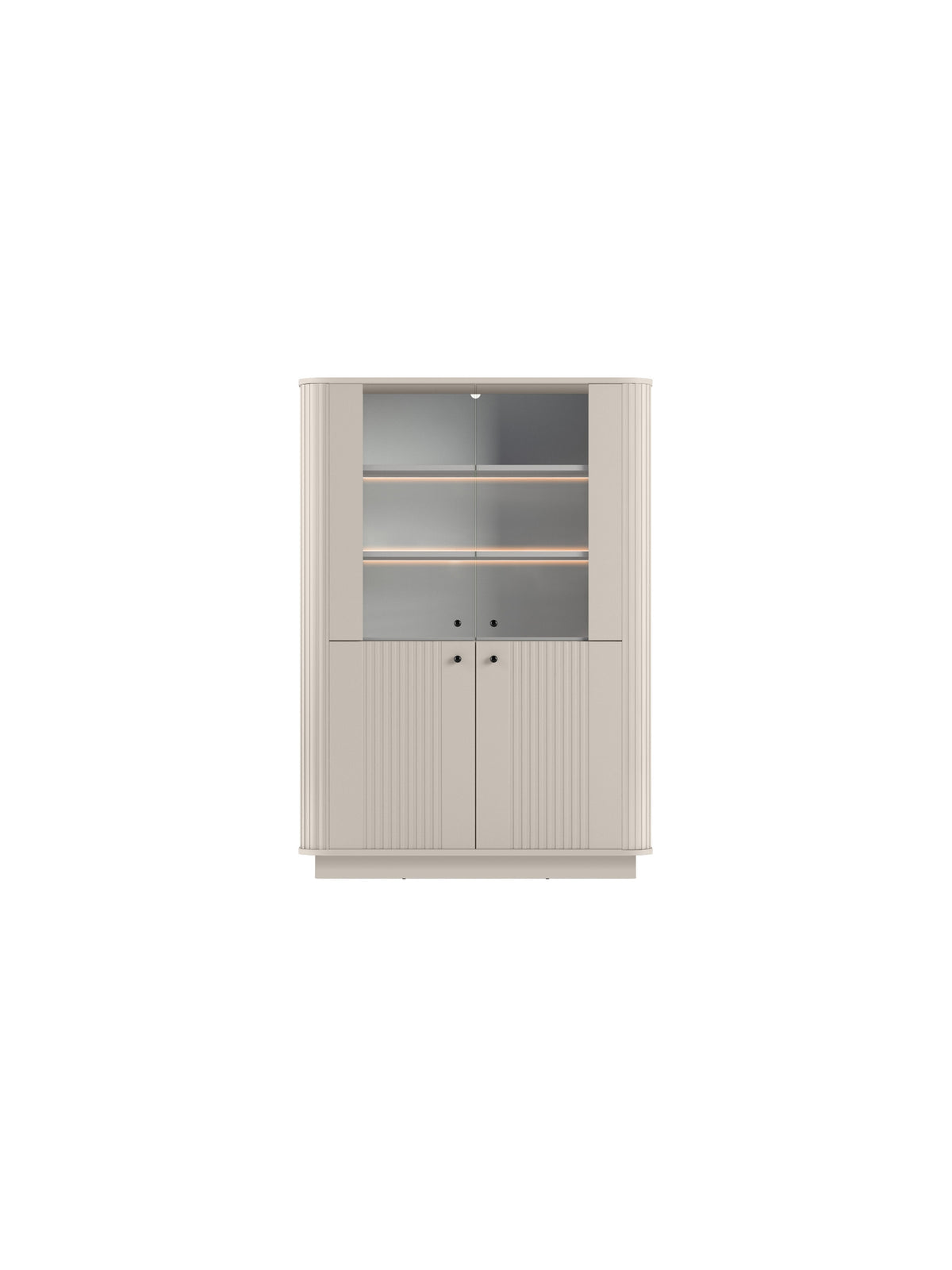 Vitrină Vesper 103 cm cu patru uși kasmiriu cu mânere negre și front striat