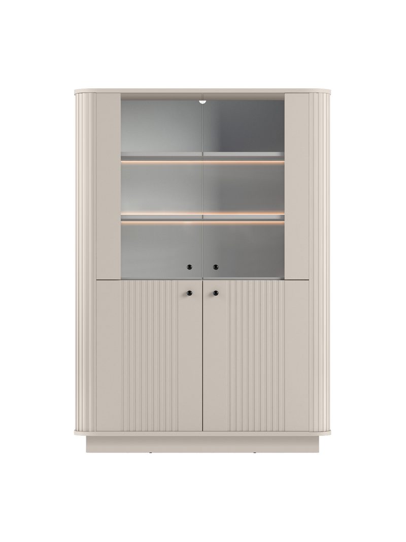 Vitrină Vesper 103 cm cu patru uși kasmiriu cu mânere negre și front striat