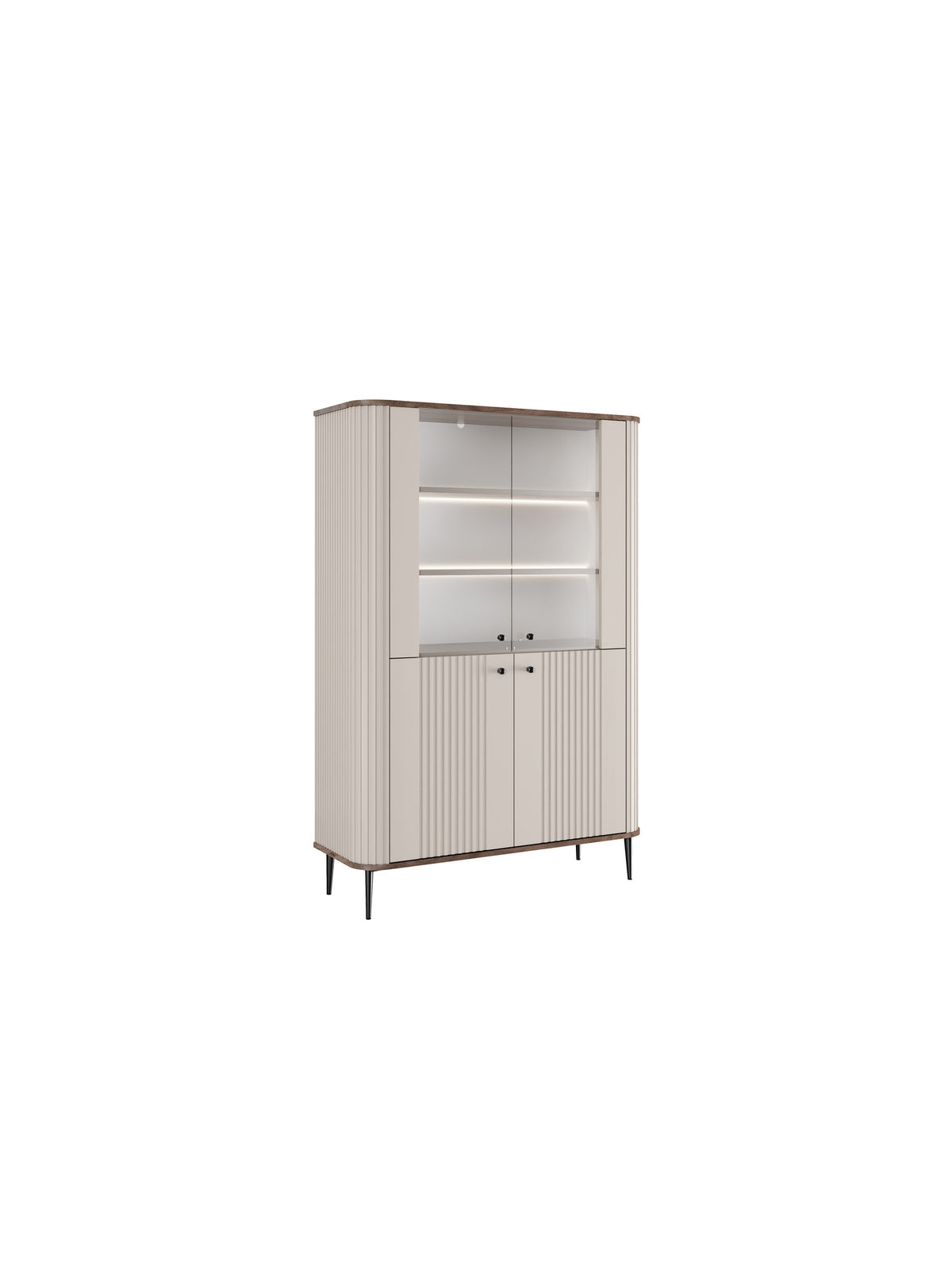 Vitrină Vesper 103 cm casmir cu blat nuc și picioare negre, cu patru uși