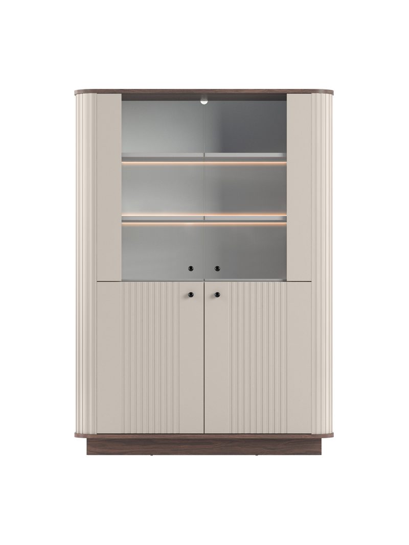 Vitrină Vesper 103 cm cu patru uși, casmir, blat nuc și mânere negre