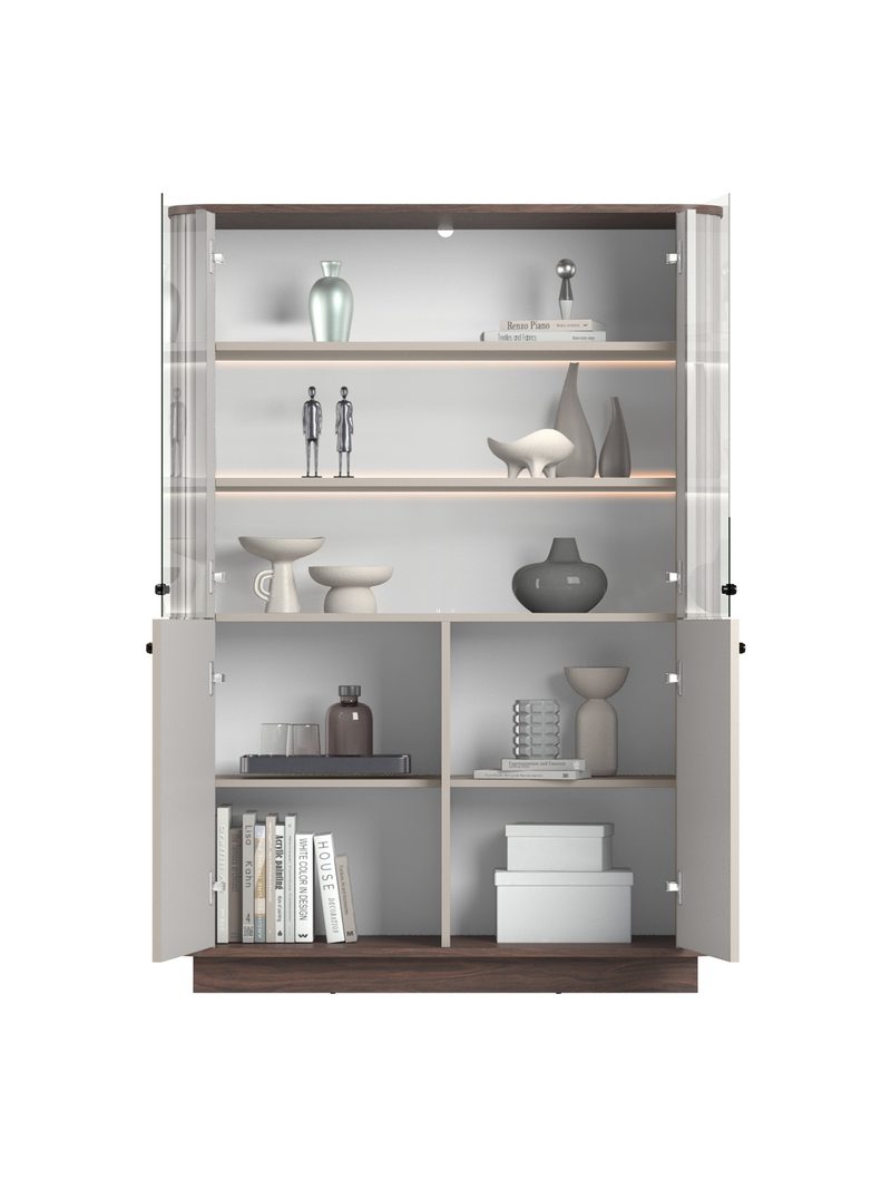Vitrină Vesper 103 cm cu patru uși, culoare kasmir și nuc, mânere negre, iluminare, front canelat